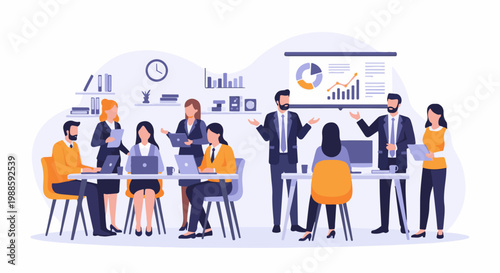 Business meeting in progress with team members collaborating around a table