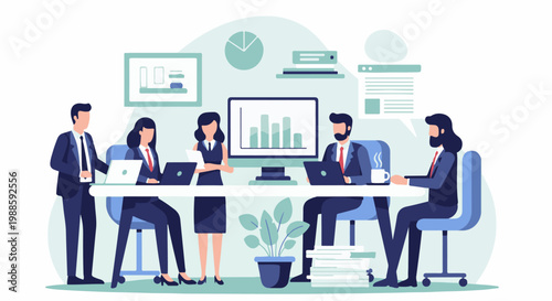 Professionals in a meeting, analyzing charts on computer screens at a table