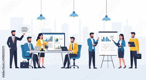 Business professionals collaborating and presenting data in a modern office setting