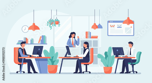 Modern office scene with people working at desks, plants, and bookshelves