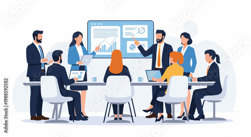 Diverse professionals in a modern meeting room present data and engage in discussion