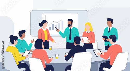 Diverse professionals collaborating in a modern meeting room, discussing growth