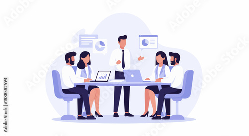 Diverse team collaborates around a table, presenting data, laptops and charts