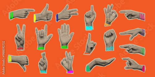 Retro Halftone Hand Gestures Collection - Pointing Fingers Thumbs Up Peace Sign and OK Symbol with Colorful Cuffs on Orange Background