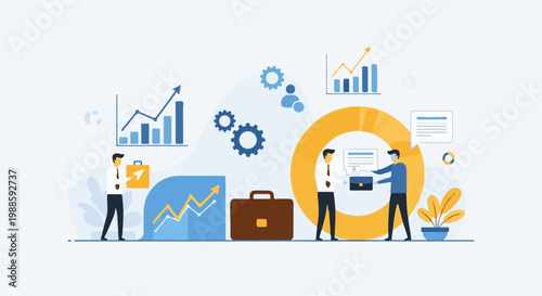 Two men in suits discuss data with charts, gears, and briefcases