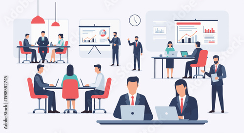 Diverse professionals collaborate in modern office meeting rooms with data charts