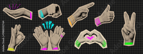 Retro Halftone Hand Gestures Collection - Pointing, Thumbs Up, Heart, Peace Sign, and Fist Doodles on Black Grid Background