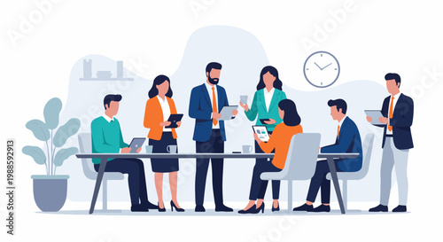 A diverse group of professionals collaborate around a table, discussing work on tablets