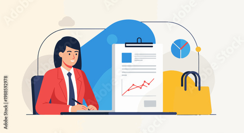 A woman in a red jacket is working at a desk with charts and a shopping bag