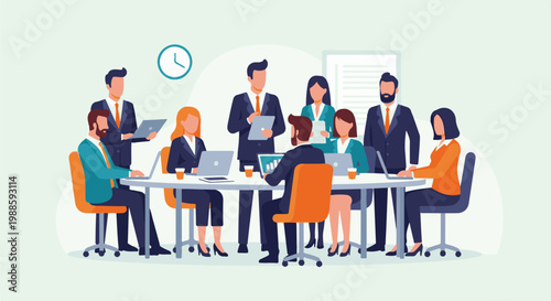 Diverse professionals collaborate in a modern office meeting, focused on tasks and technology