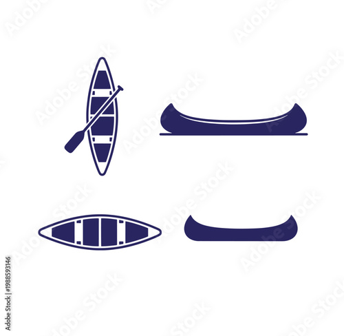 Four navy blue canoe and kayak boat silhouettes with paddle  water sports icons