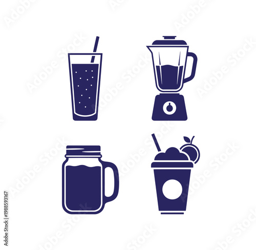 Four navy blue icons of smoothies and a blender on white background