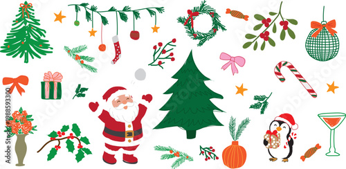 New year home hand drawn decor set. Christmas whimsy paper decoration. Retro whimsical vintage winter holiday party invitation card elements.