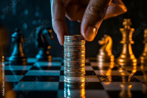 A hand placing a stack of coins on a chessboard with golden and blue pieces in the background