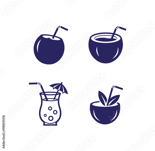 Set of four illustrations of cocktails with straws and umbrella isolated on white background