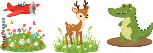 Vector illustration of cartoon airplane, deer and crocodile with flowers and butterflies in playful design