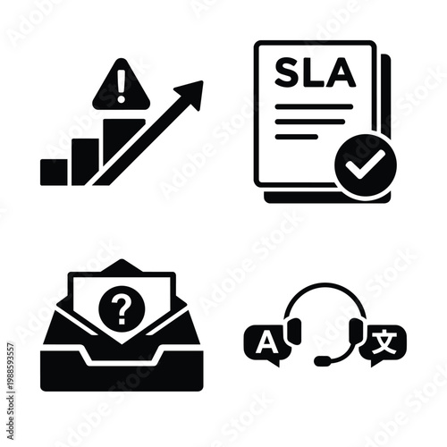 Business Operations and Workflow customer support icon set for Business Operations and Workflow SLA management issue escalation inquiry handling and multilingual service