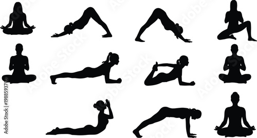 Yoga poses silhouette set, woman meditating, downward dog, plank, cobra pose, lotus position, mindfulness exercise, fitness wellness training vector elements.