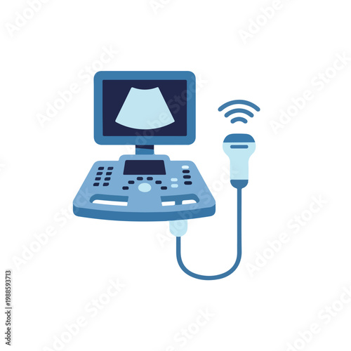 A medical ultrasound machine illustration featuring a diagnostic monitor, control console, and handheld transducer probe for patient imaging.