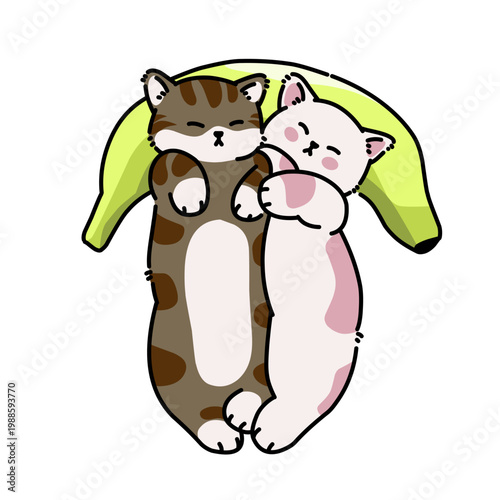Two cute cats, one tabby and one white, cuddling and sleeping peacefully on a green banana-shaped cushion. Adorable pet illustration.