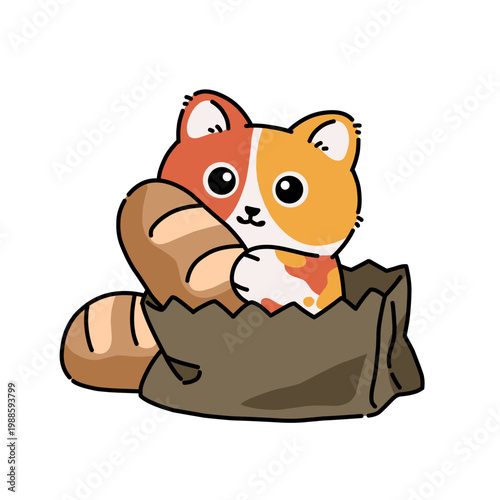 Cute cartoon kitten sitting in bag with bread, colorful kawaii illustration with warm tones, adorable food and pet concept isolated on white.