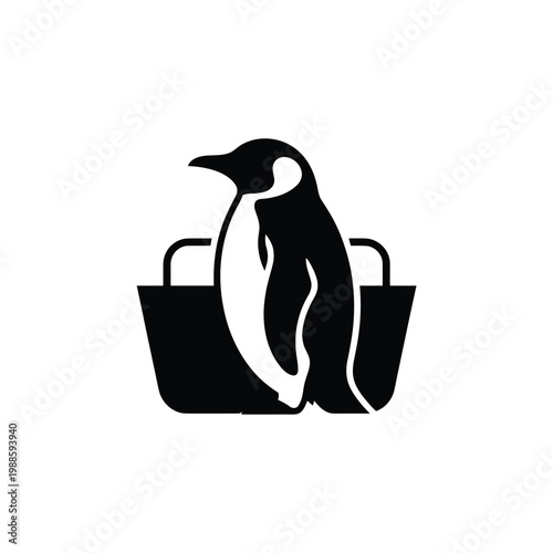 A stylized penguin graphic sits inside a woven basket black and white
