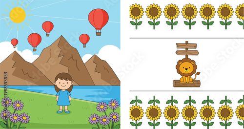 Vector illustration of child with mountains, balloons and cartoon lion with sunflowers in playful design