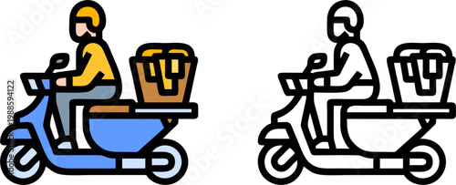 Delivery scooter courier service transportation icon set
