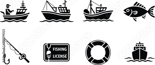 Black and white fishing icon set featuring various commercial boats a large fish wooden rod license lifebuoy and cargo ship.