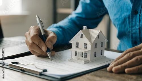 Closeup of a persons hands signing a real estate contract with a pen, with a small model house placed on the document on a wooden desk, representing home ownership, mortgage, and property investment
