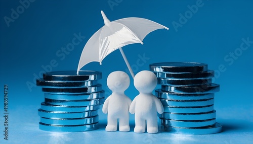 Two white figurines standing under a white umbrella between two stacks of coins on a blue background, concept of financial protection and insurance