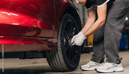 Mechanic in white gloves installing a wheel on a red car in a professional auto repair shop closeup of hands tightening a lug nut on a black alloy rim during tire maintenance or replacement