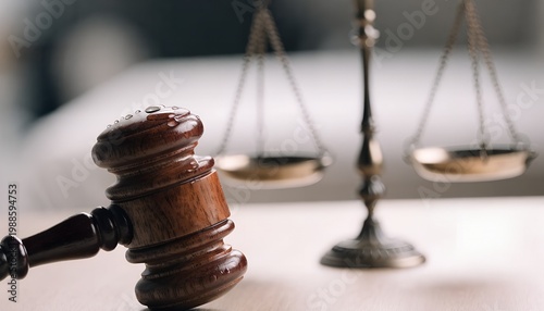 Wooden judge gavel and scales of justice on a wooden table, legal concept, law and justice, courtroom theme, judicial system, attorney or judge tools