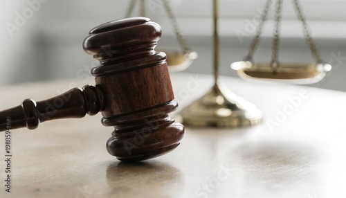 Wooden judge gavel and scales of justice on a wooden table in a courtroom