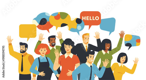 Diverse group waving with speech bubbles for communication concepts