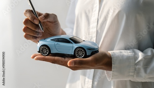 Closeup of a person holding a small blue toy car model in their palm while holding a pen, symbolizing car insurance, vehicle purchase, or automotive planning