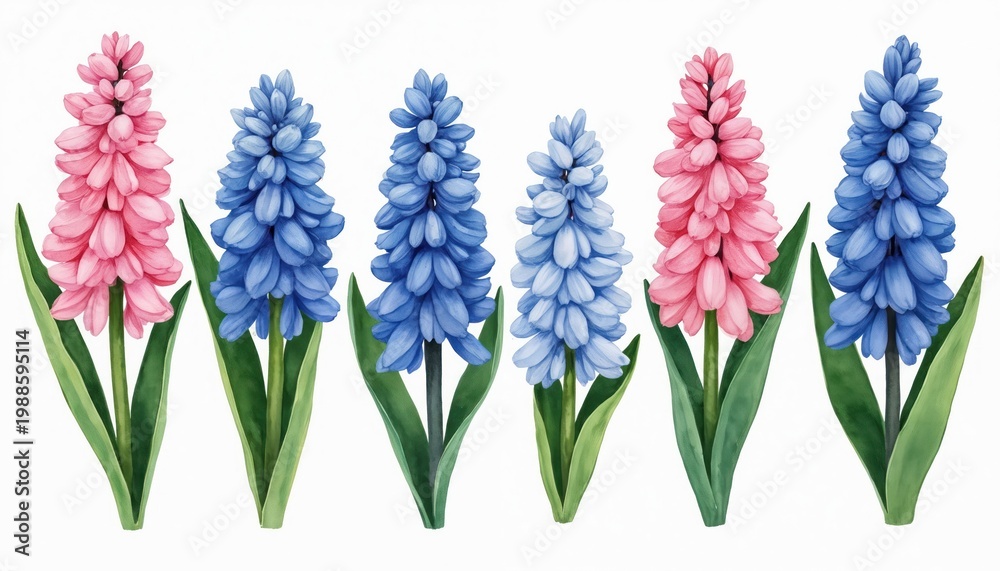 Obraz premium Pink and blue hyacinth flowers with green leaves painted in watercolor. Isolated on white background. Perfect for spring garden themes and floral designs.