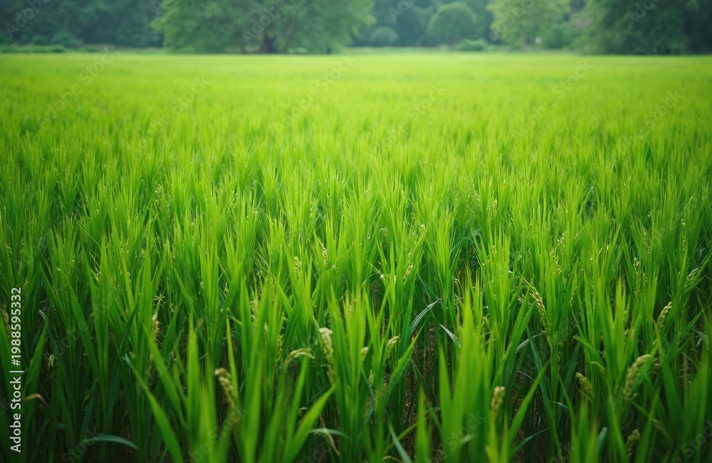 Fototapeta premium Close-up of rich green rice paddy field under soft daylight. Tall stalks fill foreground with blurred trees backdrop. Rural farming landscape, tranquil natural growth, vibrant vegetation.