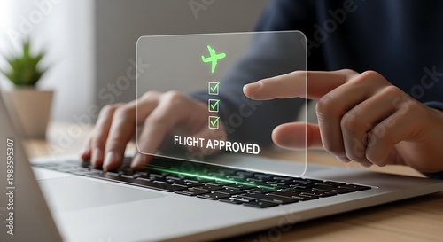 Person booking a flight on a laptop with a digital interface online reservation booking system travel planning business travel user interface mobile app air travel touch screen airplane