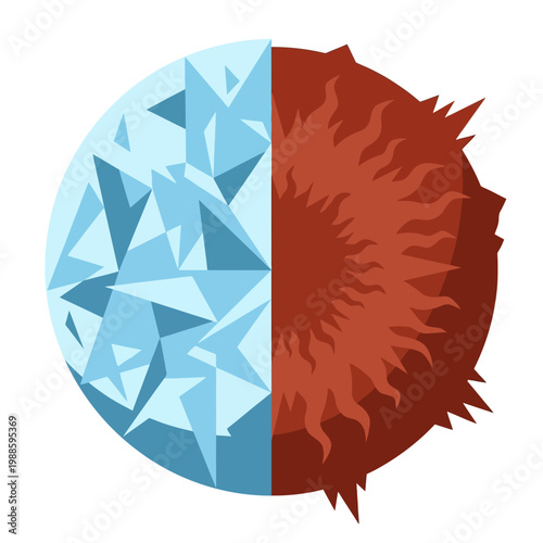 Fire and ice symbolize opposing forces in a split sphere illustration.