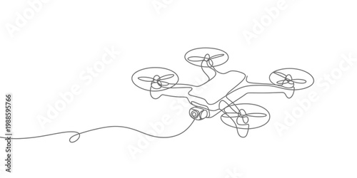 Single line drawing of a quadcopter drone with camera