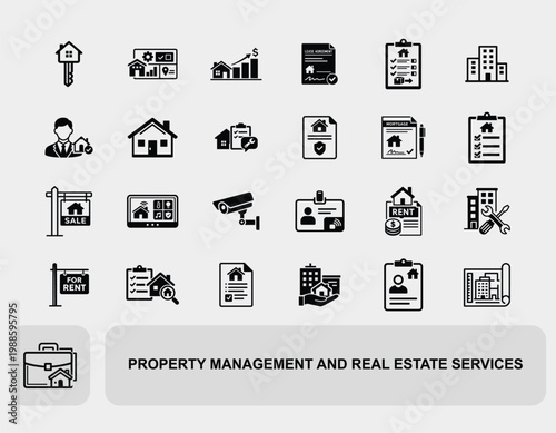 Property management and real estate services icon set for business operations and workflow property management solutions