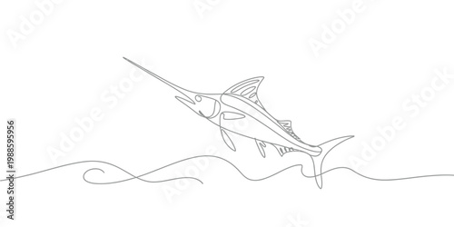 Minimalist line drawing of a swordfish jumping over waves
