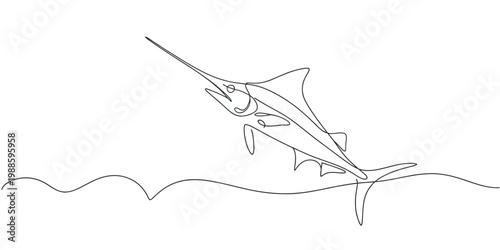 Minimalist single line drawing of a swordfish jumping over waves