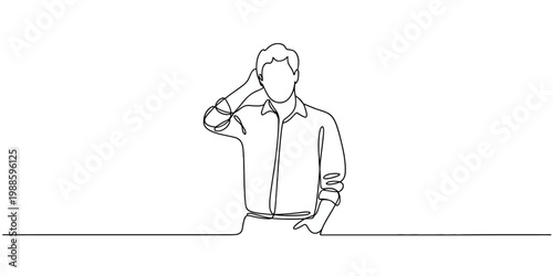Single line drawing man scratching head person hand