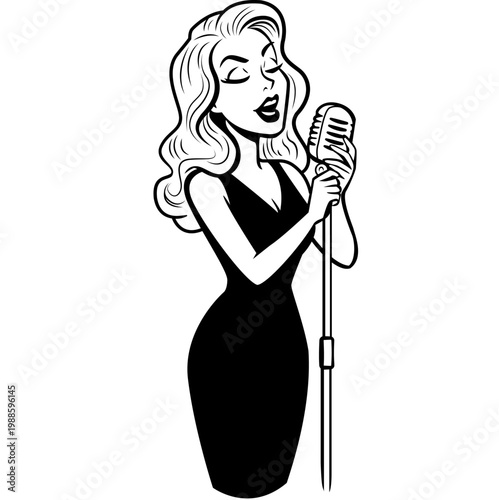 Female Jazz Singer Illustration, Black and white illustration