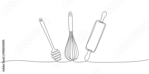 Minimalist line drawing of baking tools honey dipper whisk rolling pin