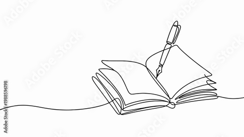 Open book with fountain pen continuous line drawing