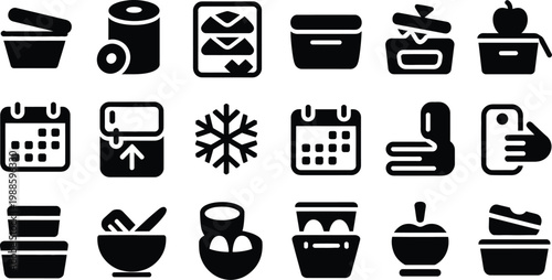 Set of black food storage container icons including plastic boxes lunch prep kitchen organizers freezer bags lids bowls and calendar symbols