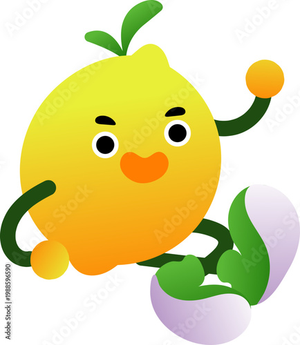 Cute minimalist cartoon character with orange beak black eyes and playful green lines.